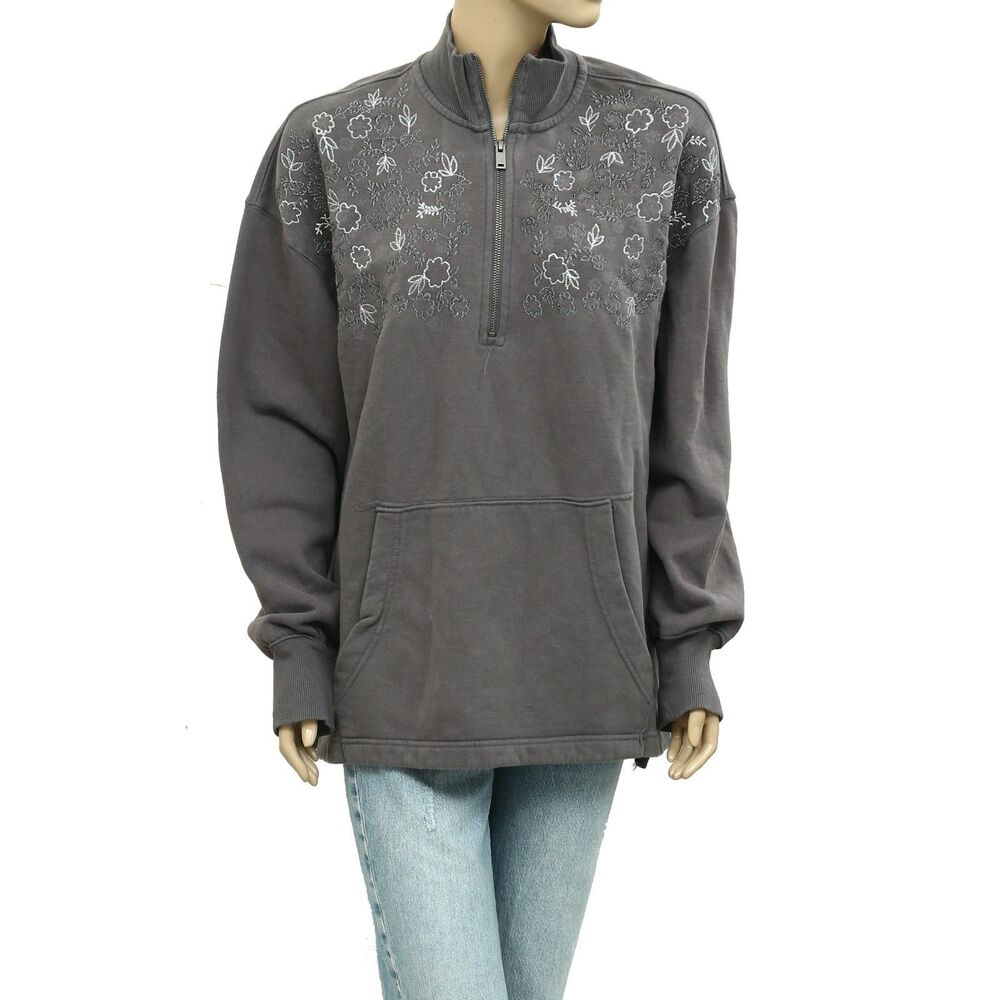 Free People Floral Embroidered Long Sleeve Sweatshirt Top Gray Cotton L 283978